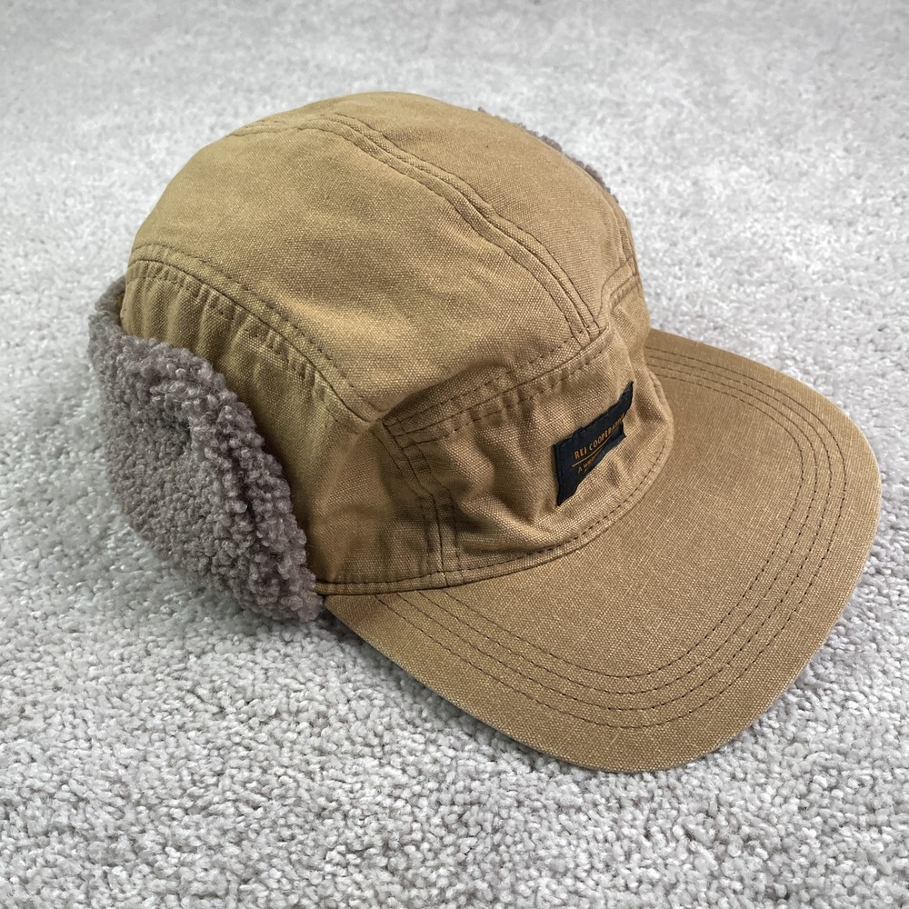 REI Co Op Hat Mens Small Med Brown Canvas 5-Panel Trapper Sherpa Lined Ear Flaps